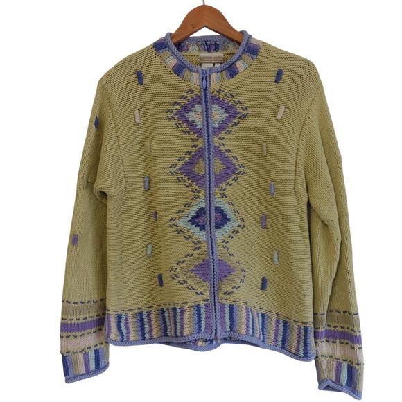 Coldwater Creek Sweaters - Vintage Coldwater Creek Sweater Med Green Zip Granny Cardigan Aztec Boho Cottage